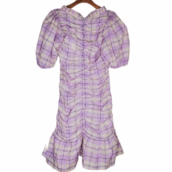 New Ganni Seersucker Check Ruched Short Dress - Picture 8 of 11